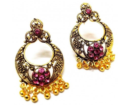 Gold Oxidized Earring Jhumka Jhumki Bali Push Back Drop Dangle - III Pink Stones